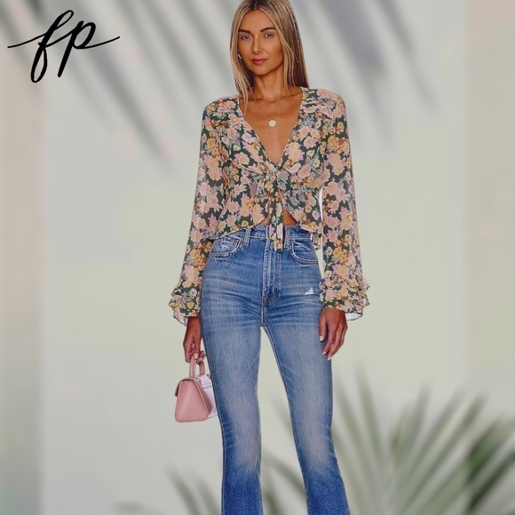 FREE PEOPLE Maybel Tie-Front Ruffled Blouse (Green/Pink) - Picture 9 of 14